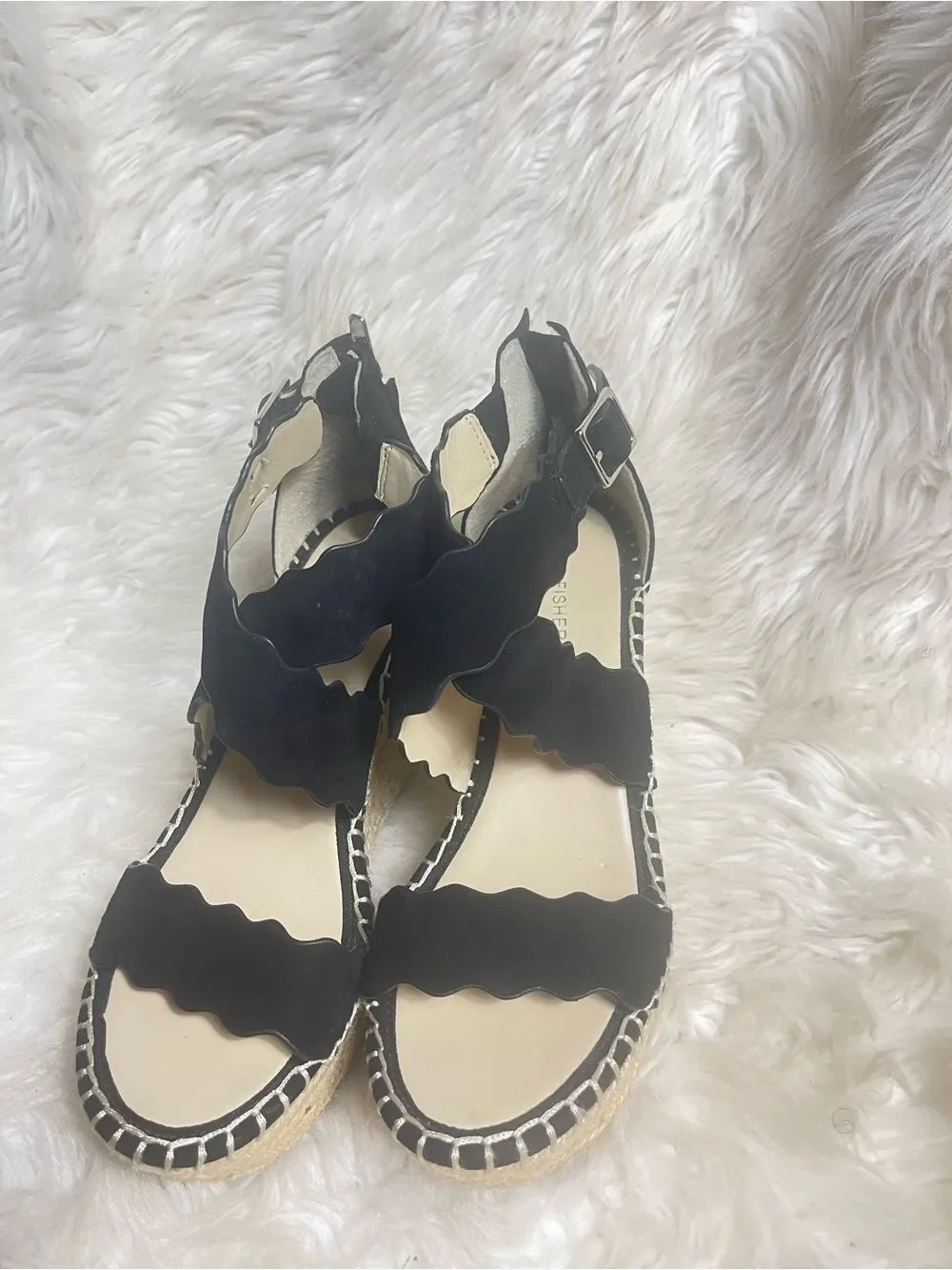 Marc Fisher leather suede Black Scalloped Strap Wedge platform Espadrilles SZ7.5